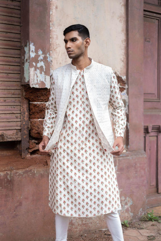 White Printed Kurta With  Bandi Churidar