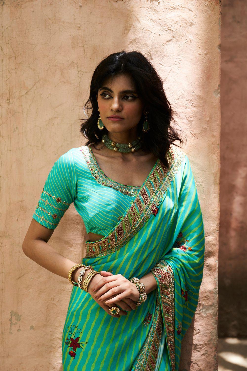 Turquoise Satin Silk Saree
