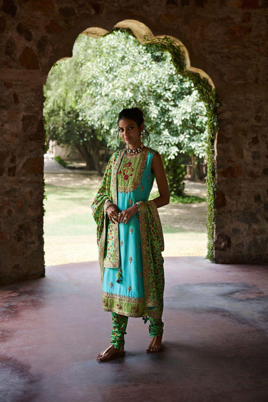 Turquoise Silk Chanderi Kurta Set