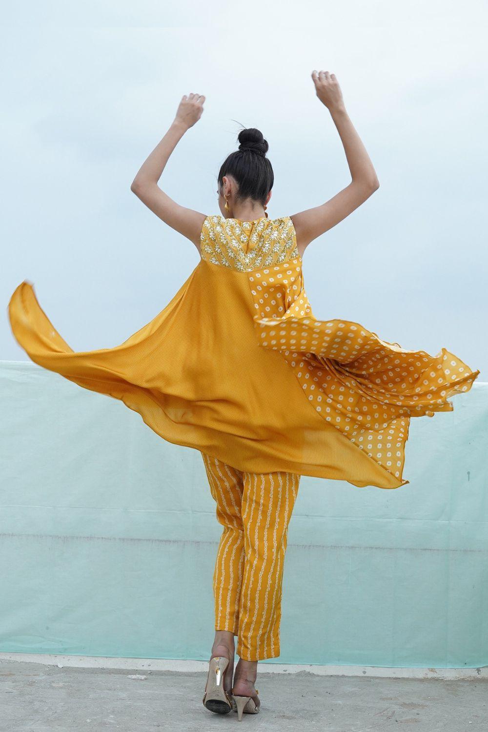 Mustard Yellow Embroidered & Printed Kurta With Pants