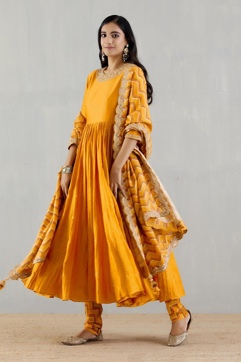 Mustard Anarakli  With Printed Dupatta And Chudidar