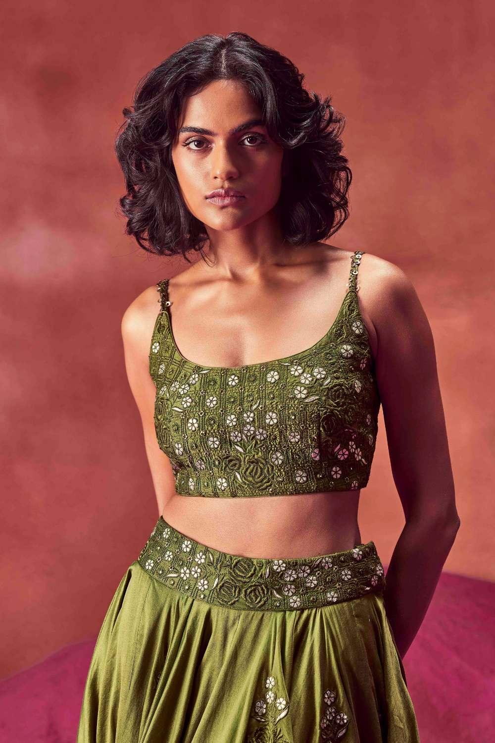 Olive Green Resham Work Lehenga  Set