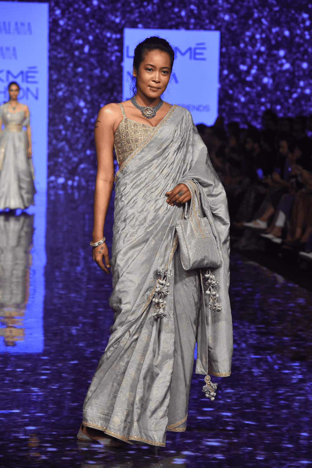 Grey Hand Work Border Silk Saree With Bralette