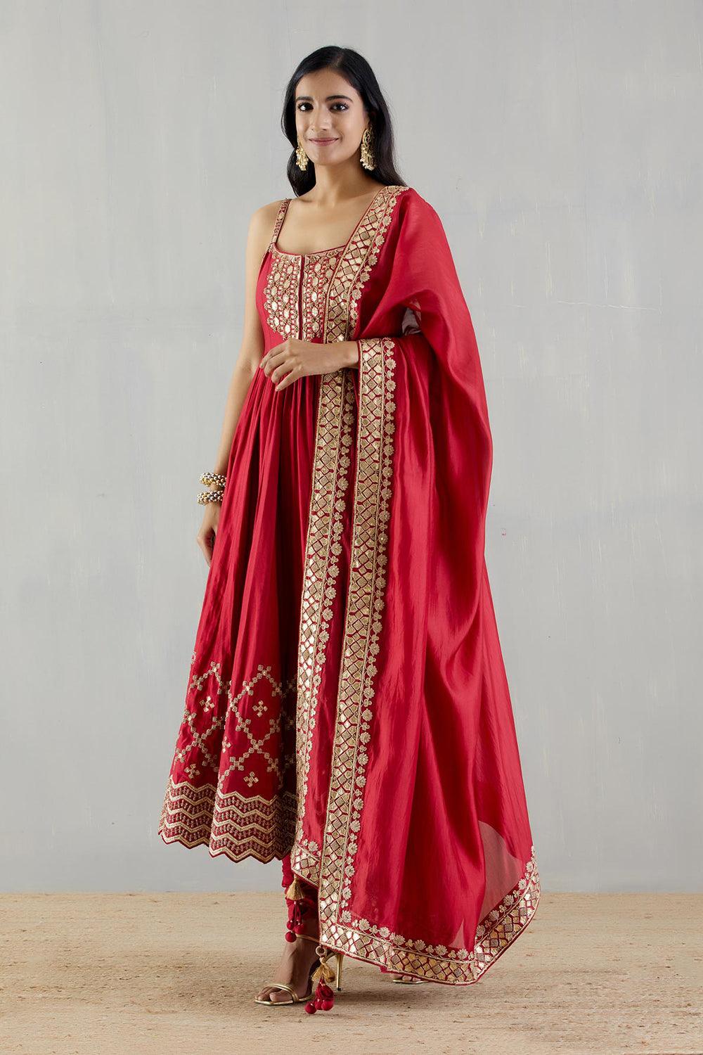 Red Strappy Heavy Anarkali  With Organza Silk Dupatta