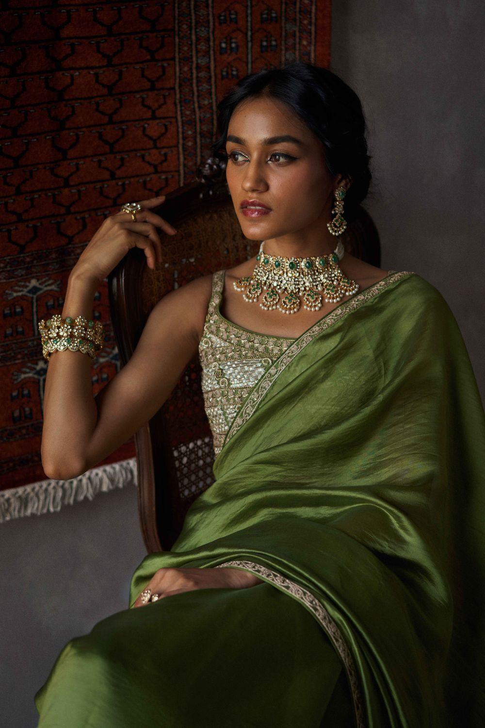 Olive Green Organza Silk Saree