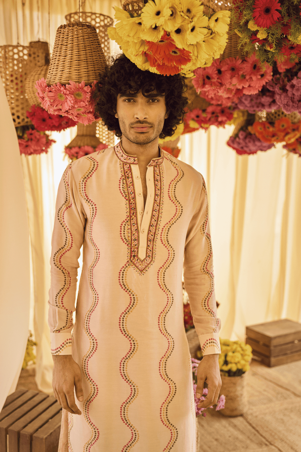 Blush Pink Resham Kurta With Cowl Pants Set