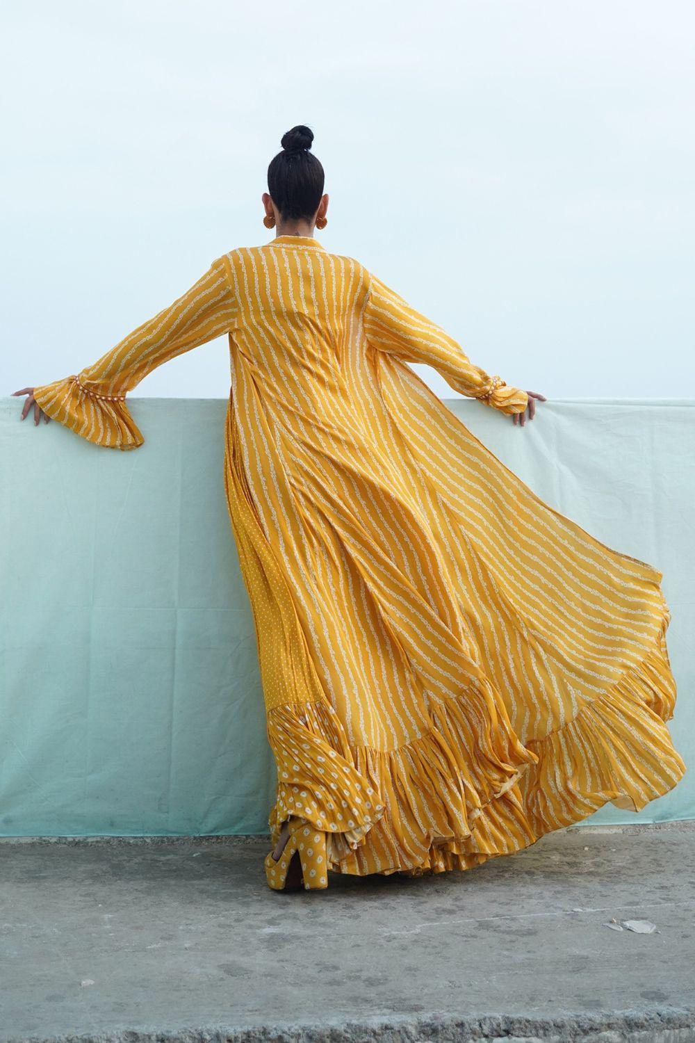 Mustard Yellow Embroidered & Printed Dress With Cape