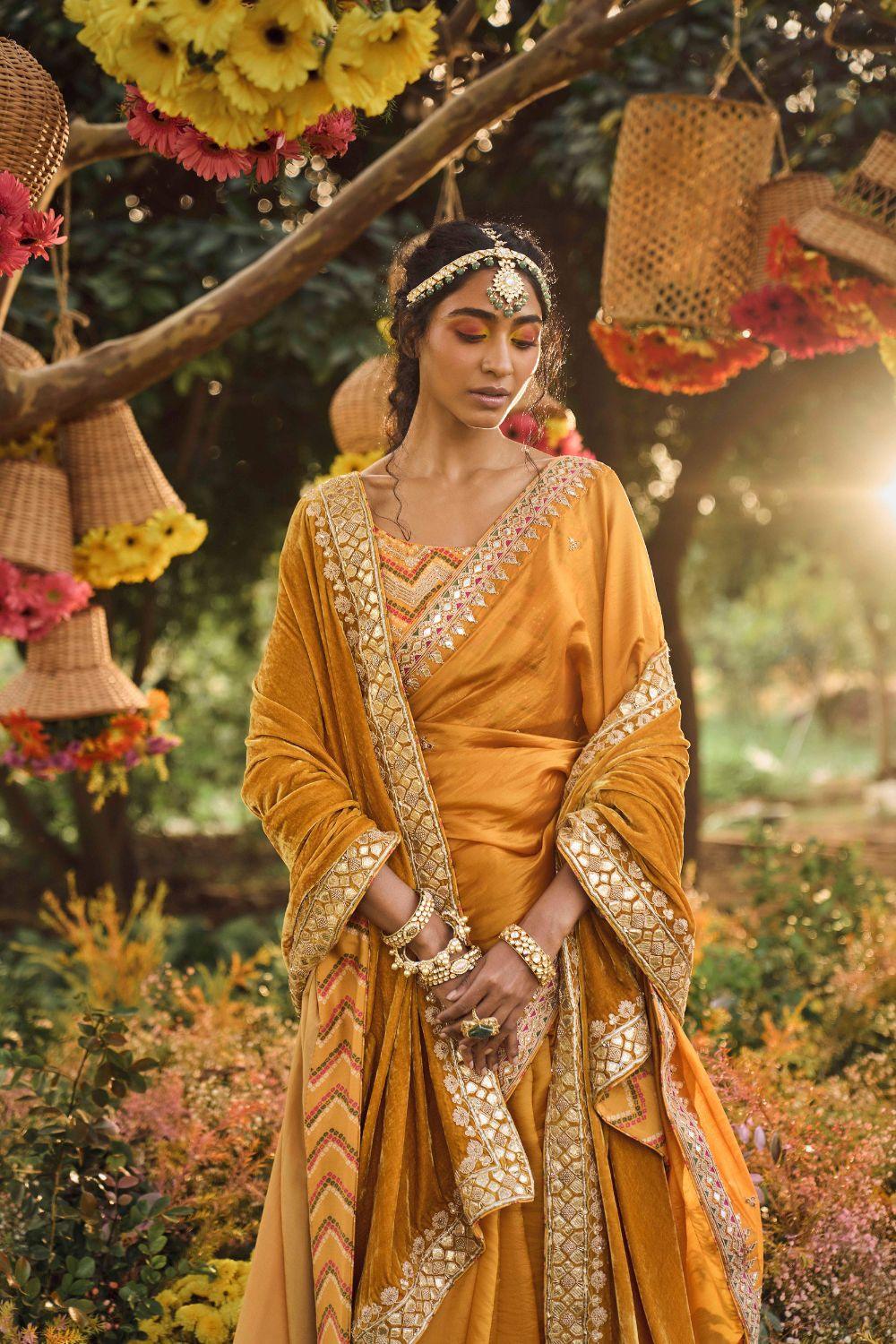 Mustard Organza Silk Saree With Embellished Blouse
