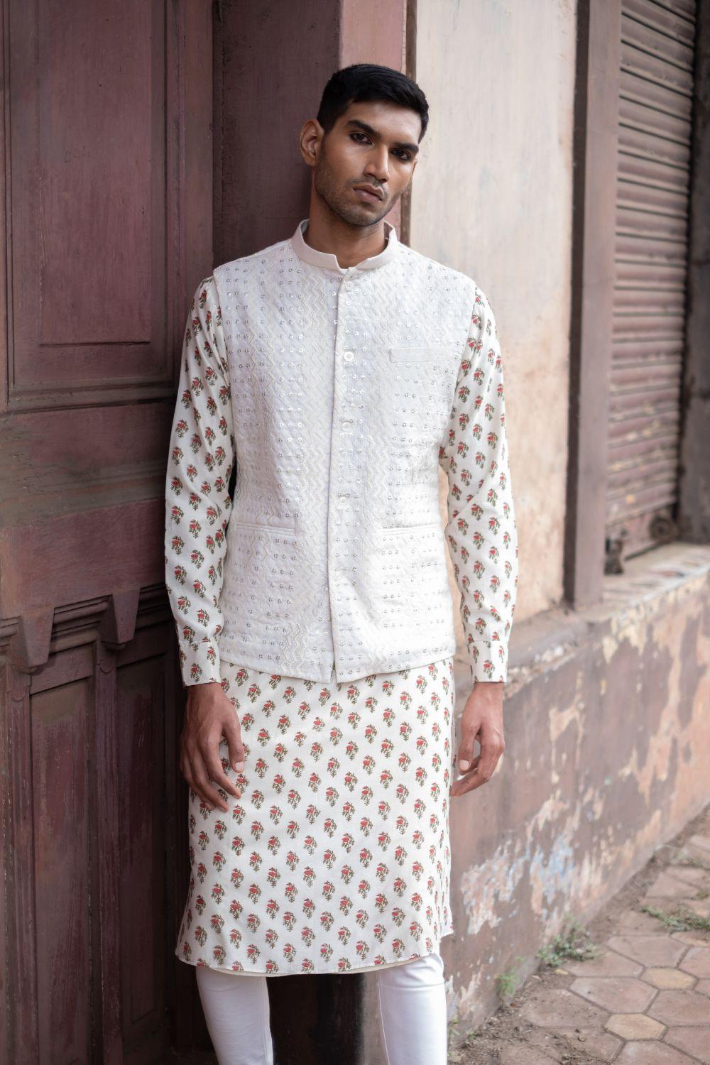 White Printed Kurta With  Bandi Churidar