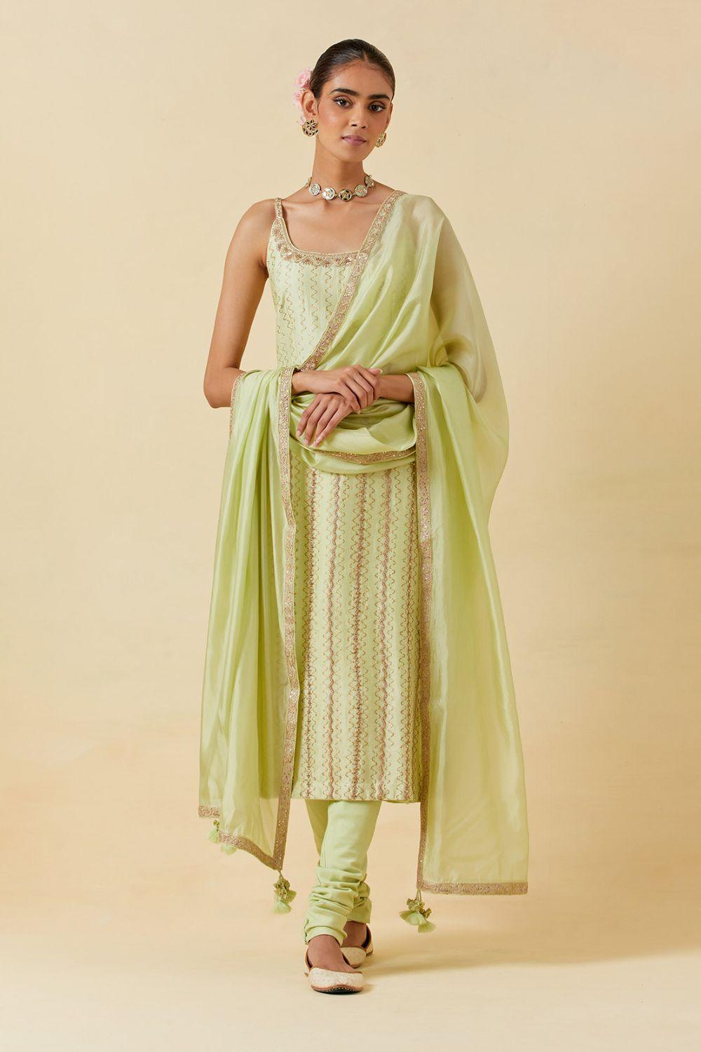 Mint Printed Kurta With Dupatta & Churidar