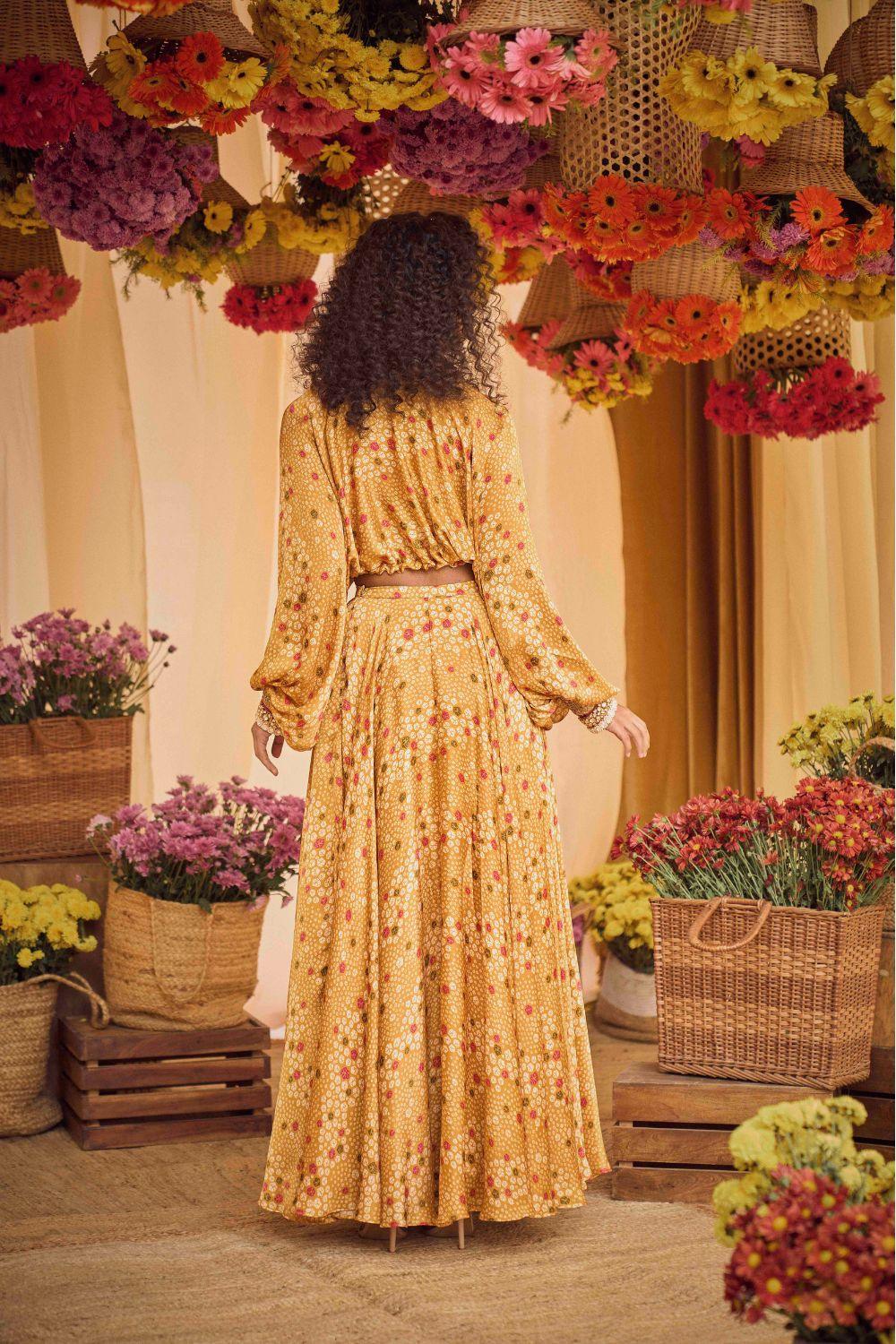 Mustard Printed Crop Top With Skirt