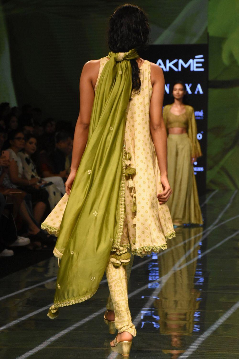 Beige & Heena Green Bandhani Printed Anarkali Set