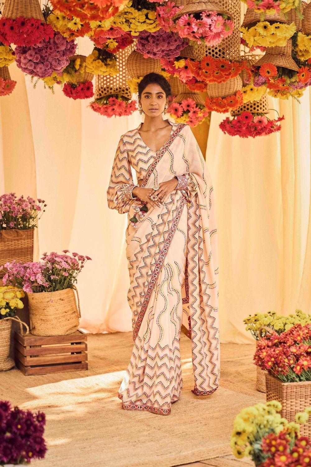 Blush Pink Printed Saree With Cuff Sleeve Blouse
