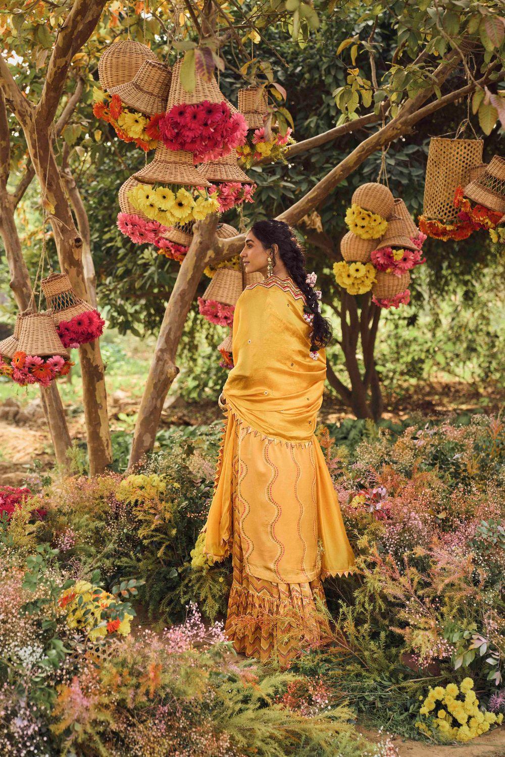 Mustard Strappy Kurta With Printed Gharara And Organza Silk Dupatta