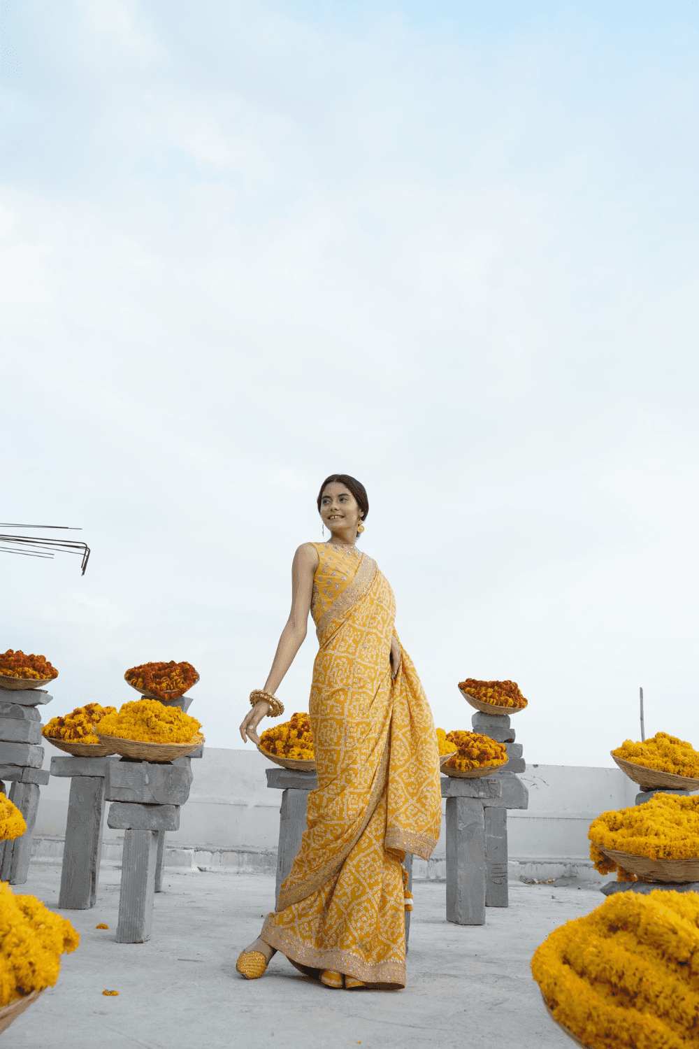 Mustard Marodi Bandhani Saree With Marodi Work Blouse