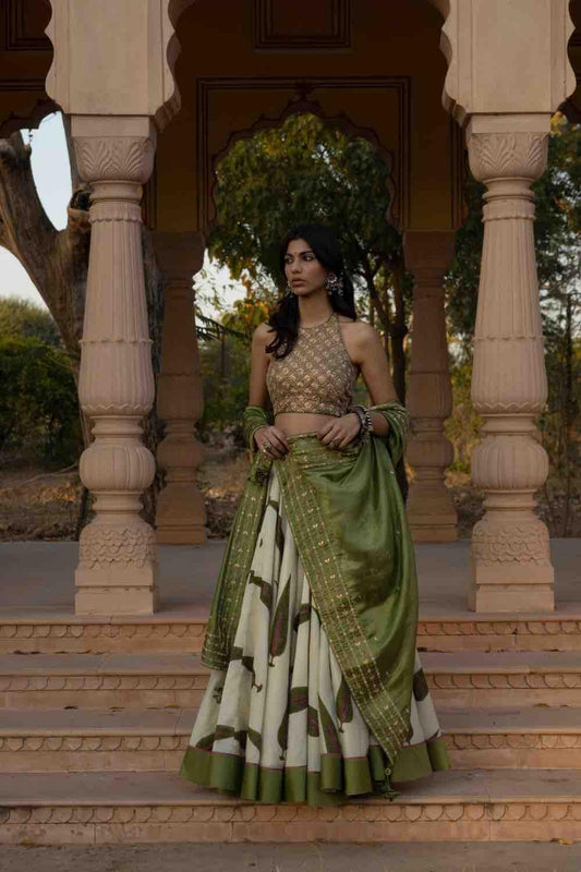 Marodi Work Leaf Print Lehenga Set