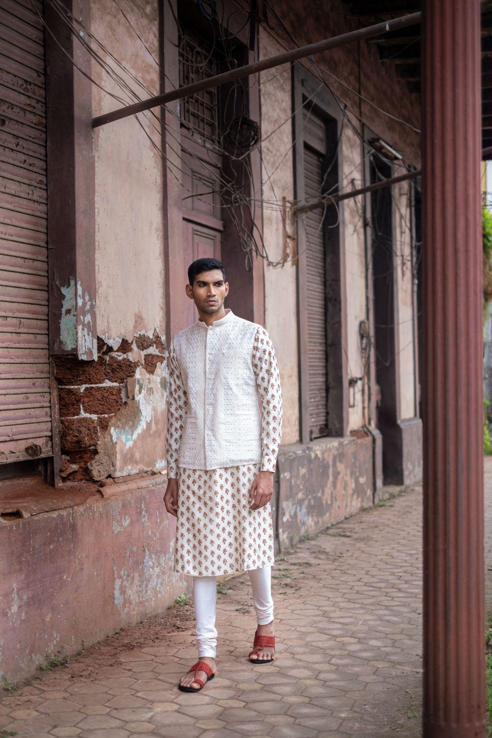 White Printed Kurta With  Bandi Churidar