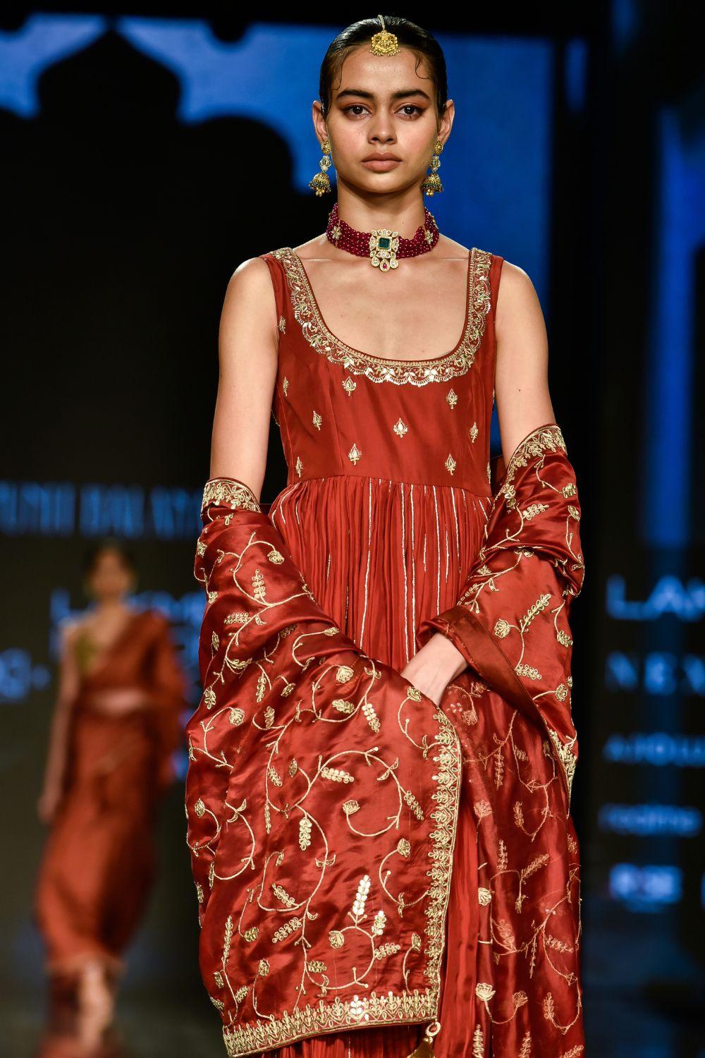 Brick Red Hand Embroidered Anarkali Set