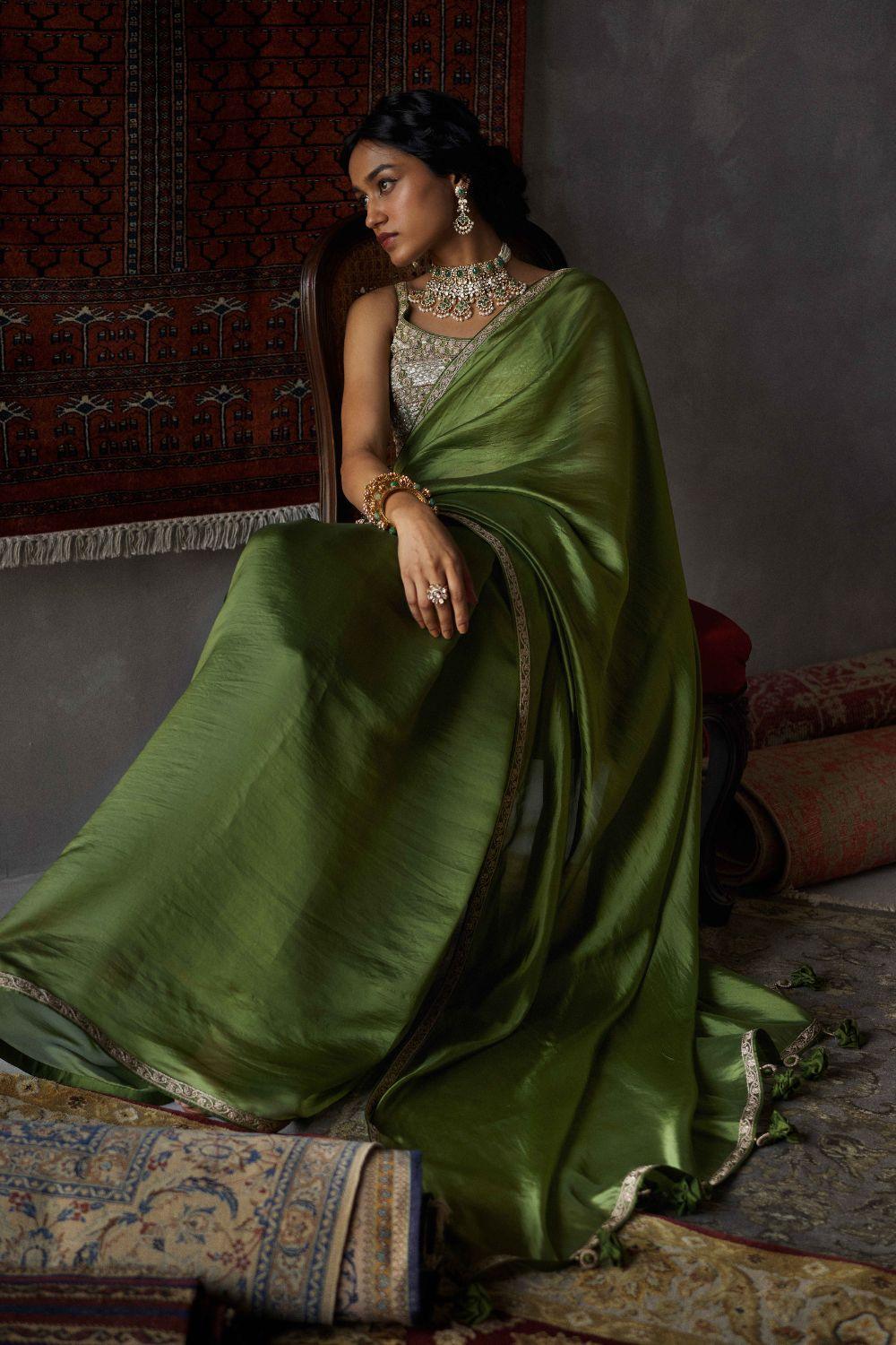 Olive Green Organza Silk Saree