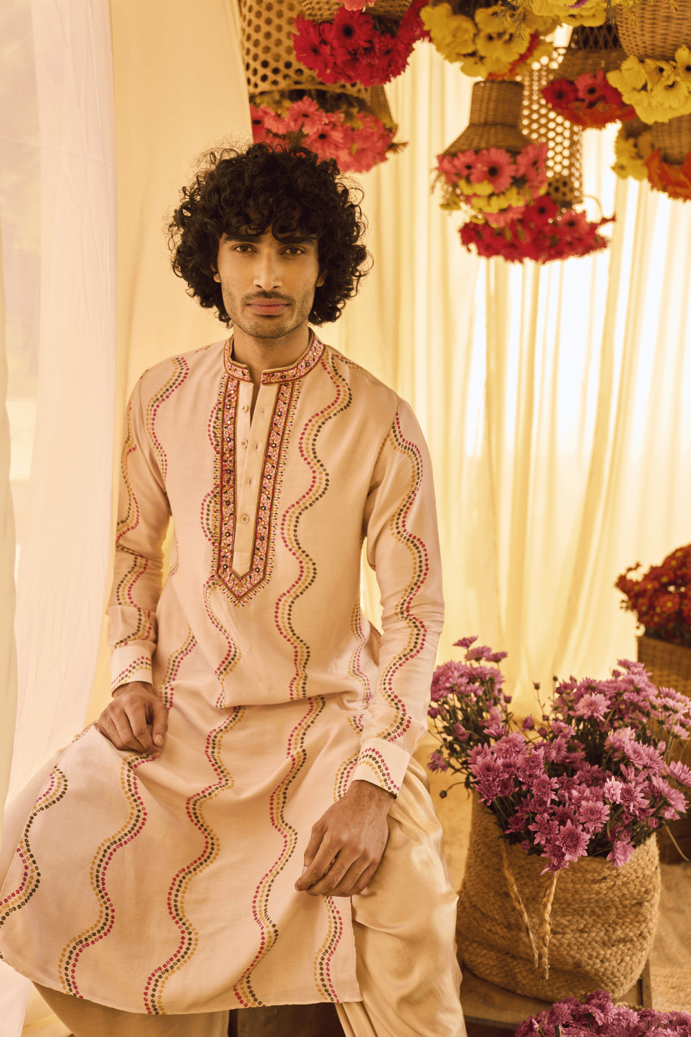 Blush Pink Resham Kurta With Cowl Pants Set