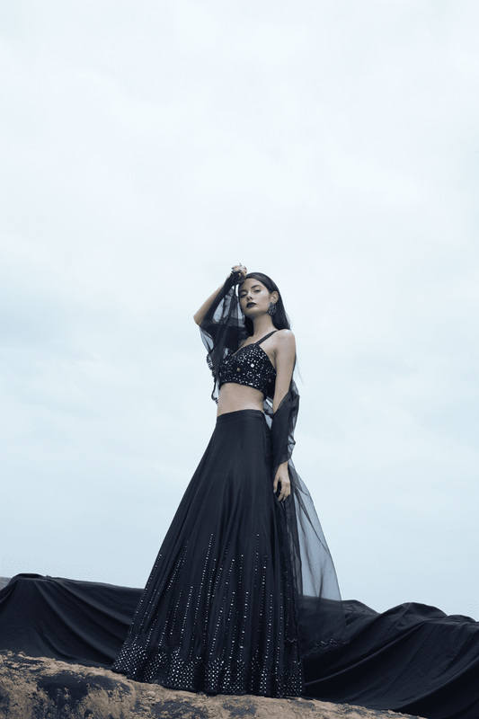 Black Heavy Mirror Work Lehenga Set