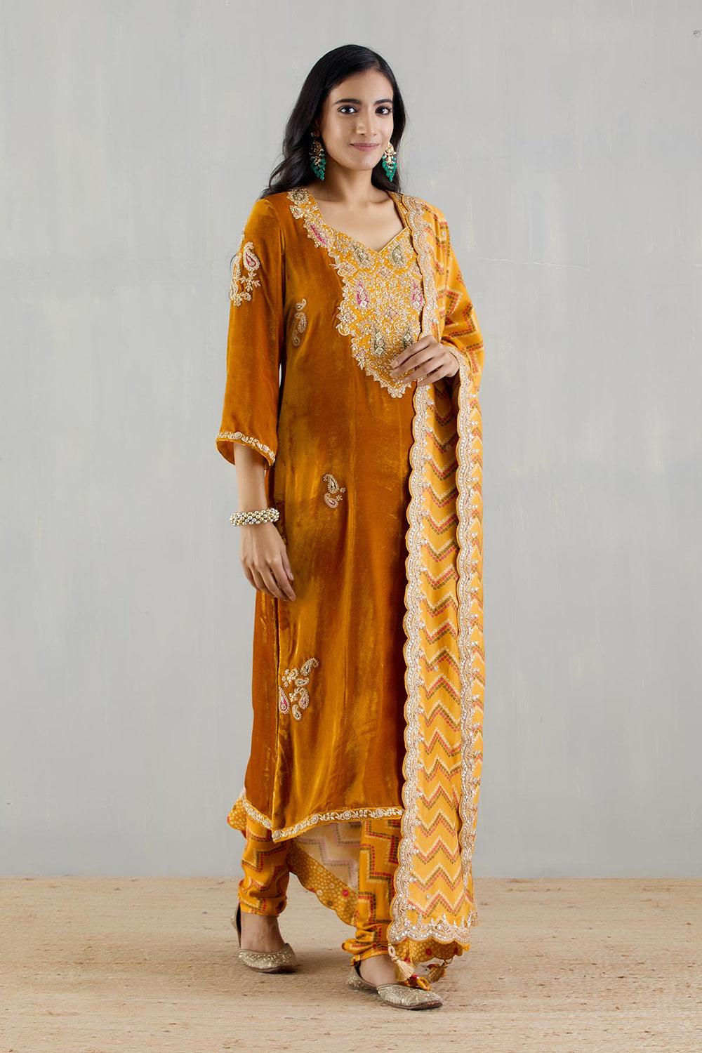 Mustard Velvet Kurta With Printed Dupatta