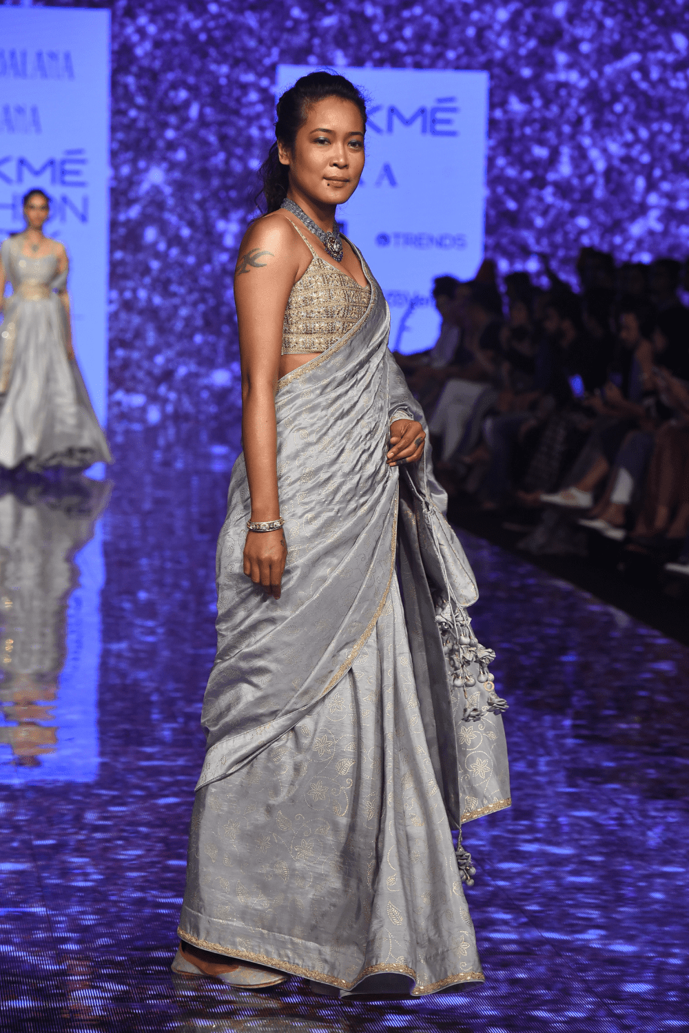 Grey Hand Work Border Silk Saree With Bralette
