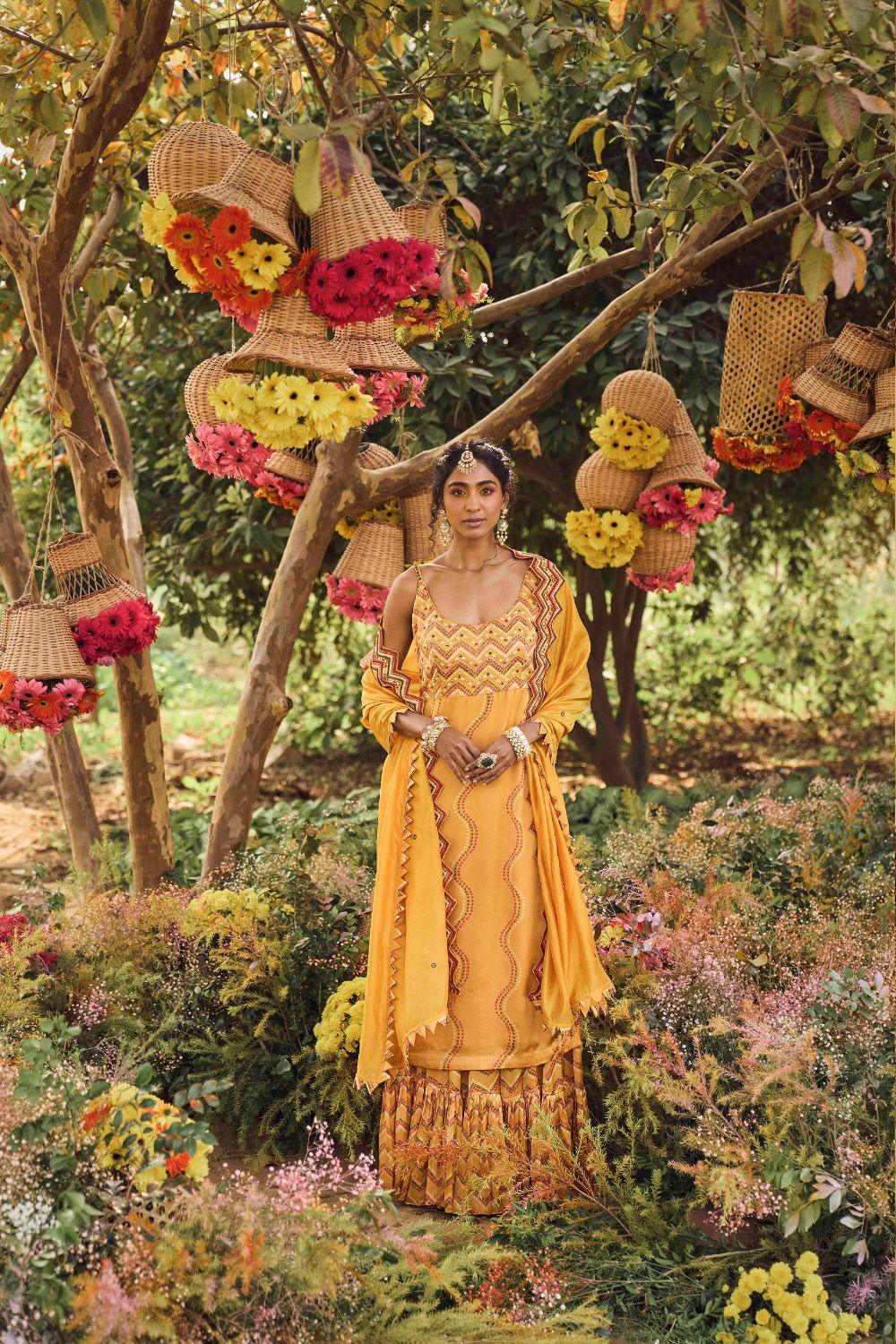 Mustard Strappy Kurta With Printed Gharara And Organza Silk Dupatta