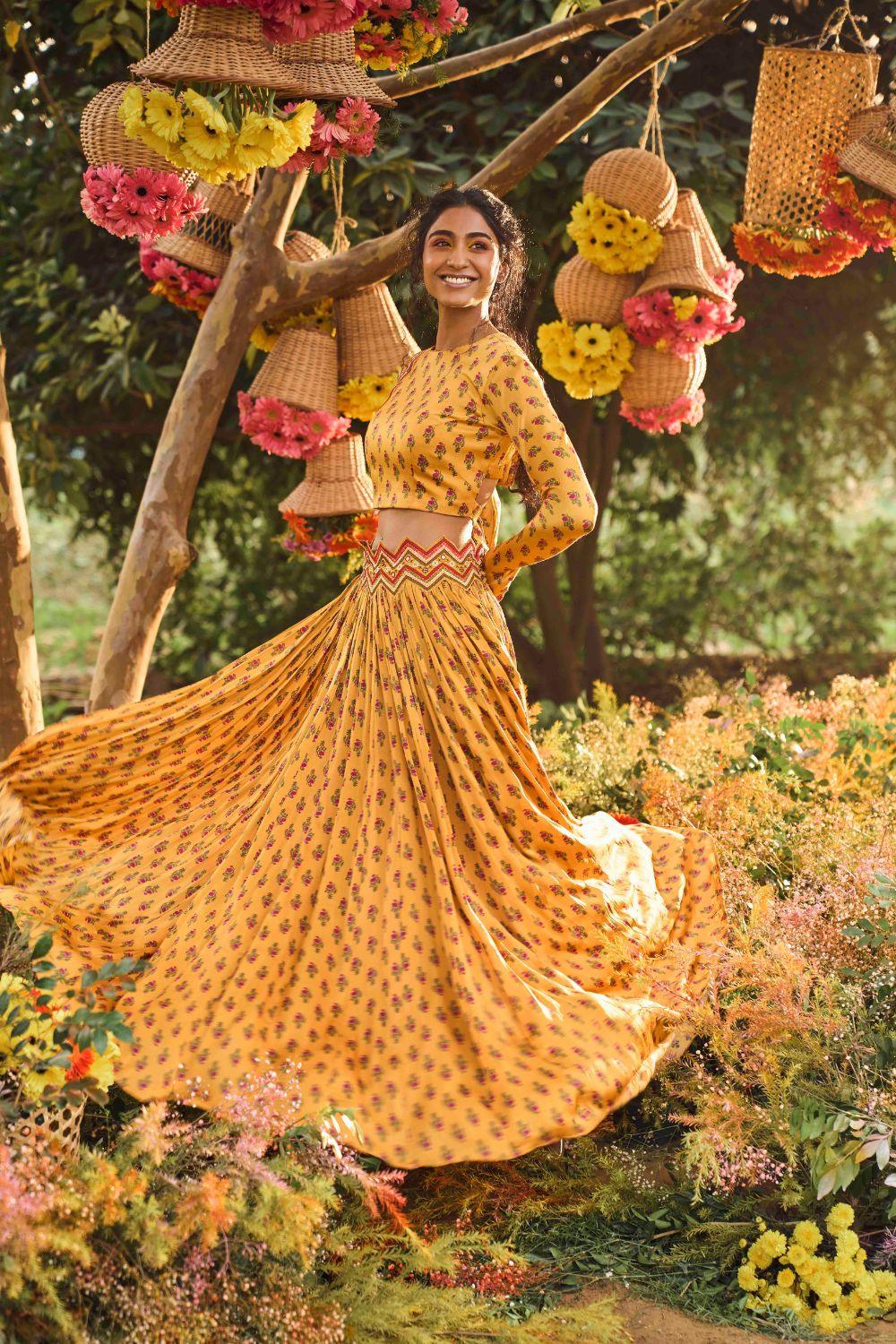 Mustard Printed Crop Top With Skirt