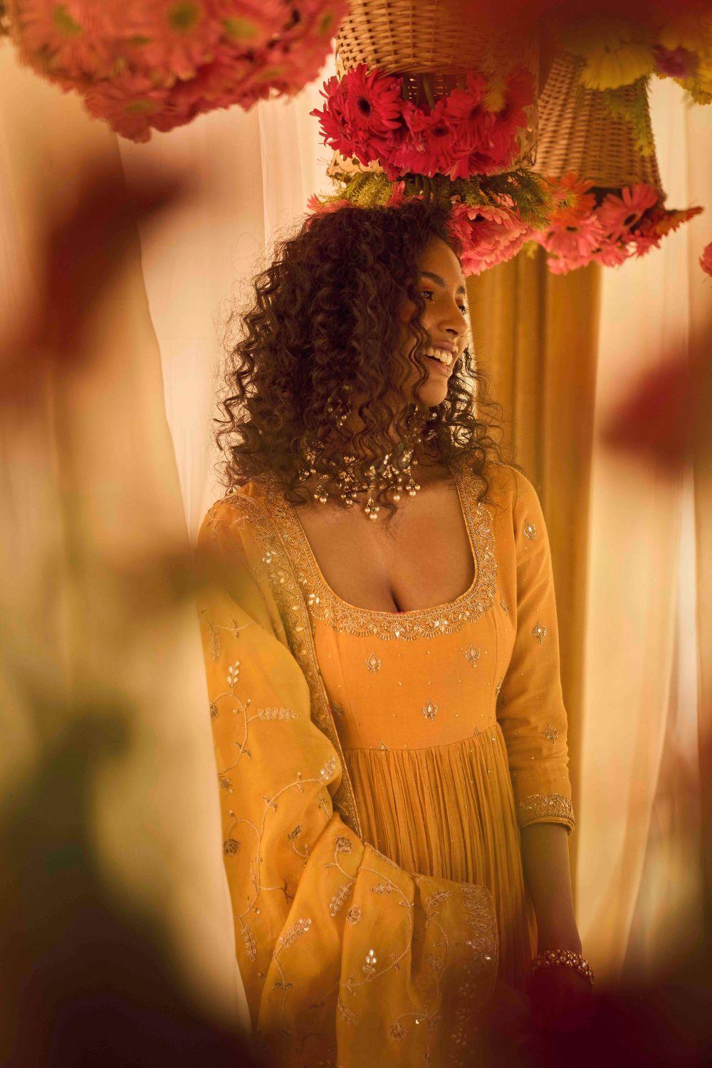 Mustard Anarkali With Heavy Organza Silk Dupatta And Chudidar
