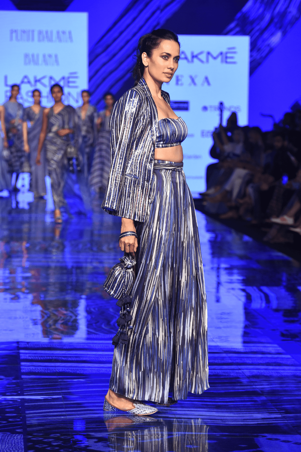 Blue Sequence Work Jacket With Bralette & Wide Legged Pants