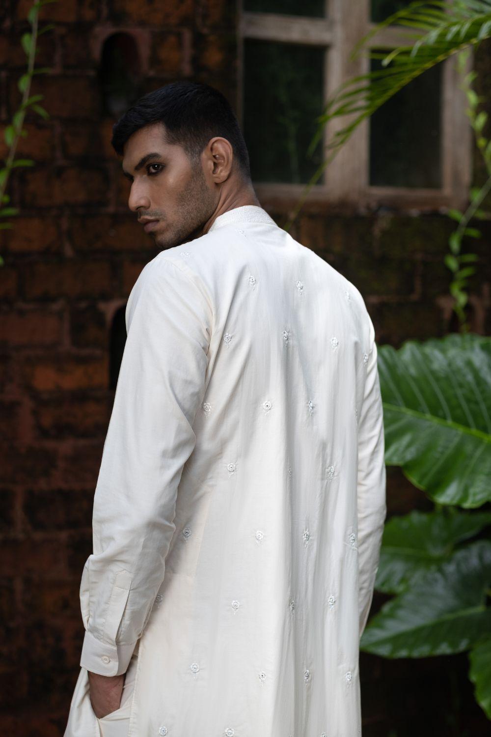 White Chanderi  Embellieshed Kurta With Button Patti And Pants Set
