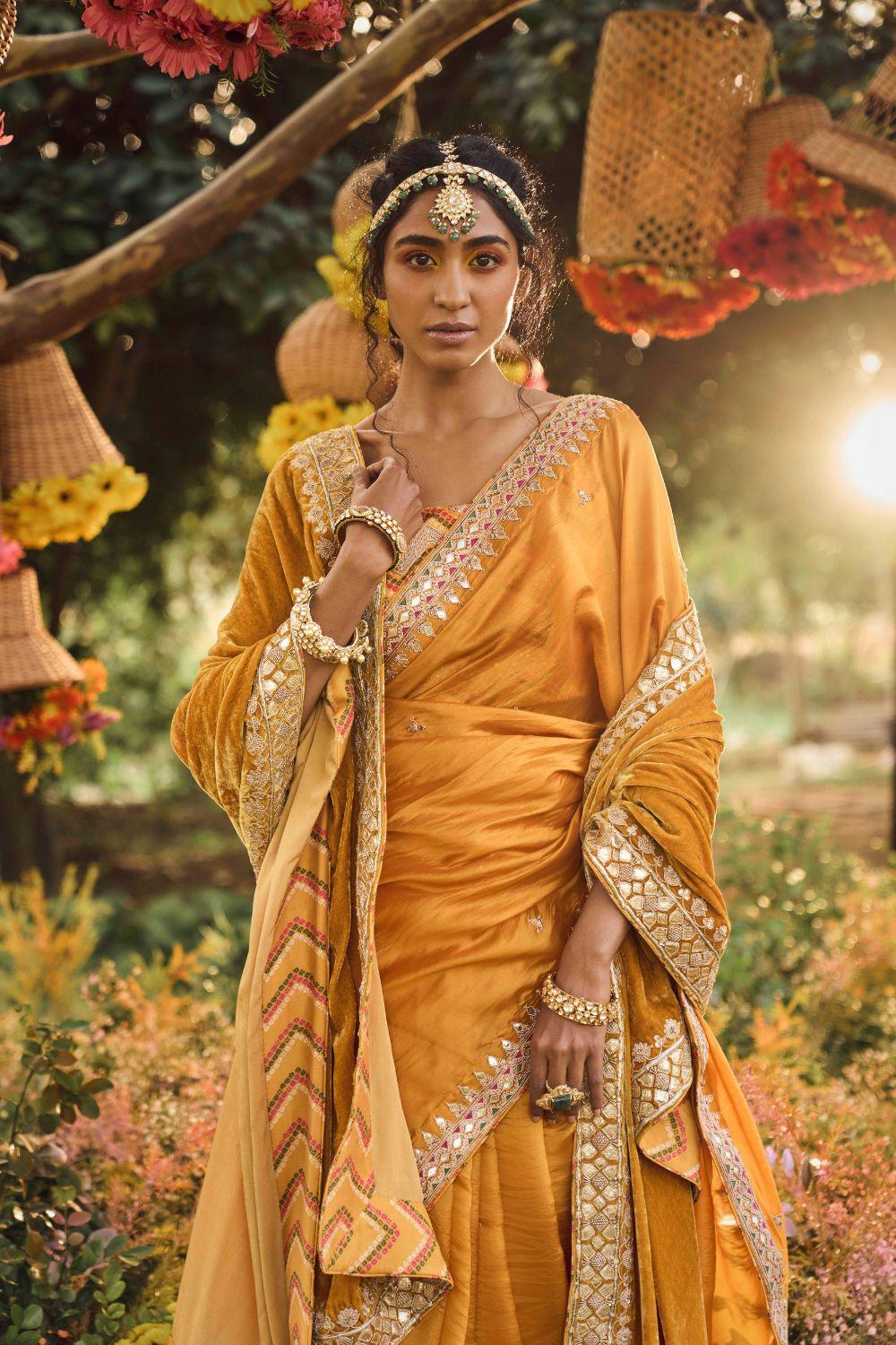 Mustard Organza Silk Saree With Embellished Blouse