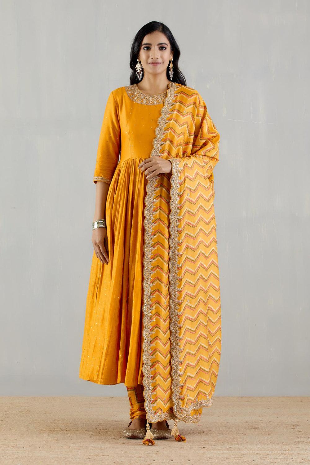 Mustard Anarakli  With Printed Dupatta And Chudidar