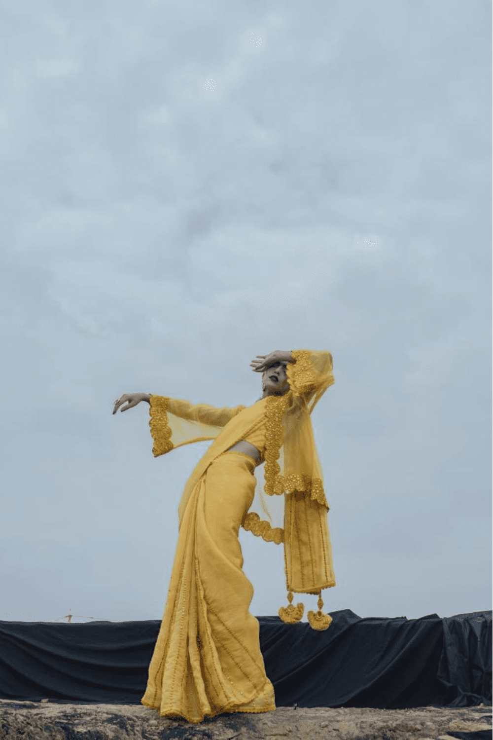 Mustard Mirror Work Saree
