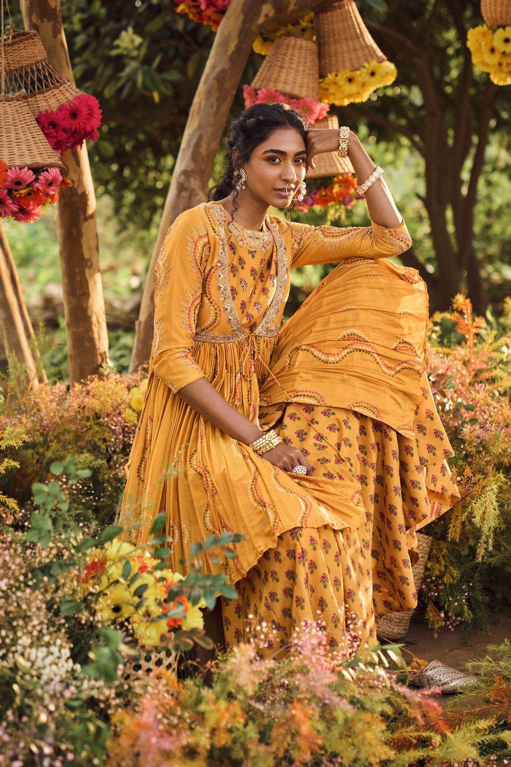 Mustard Printed Long Anarkali With Angrakha Jacket And Organza Silk Dupatta