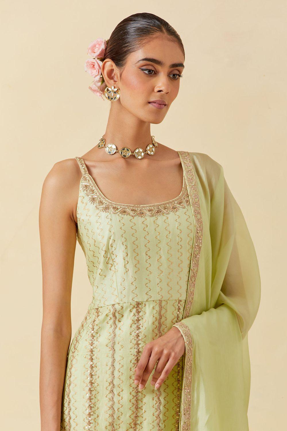 Mint Printed Kurta With Dupatta & Churidar