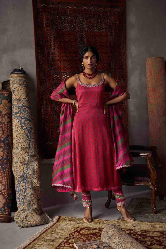 Cherry Red Satin Silk Straight Kurta Set
