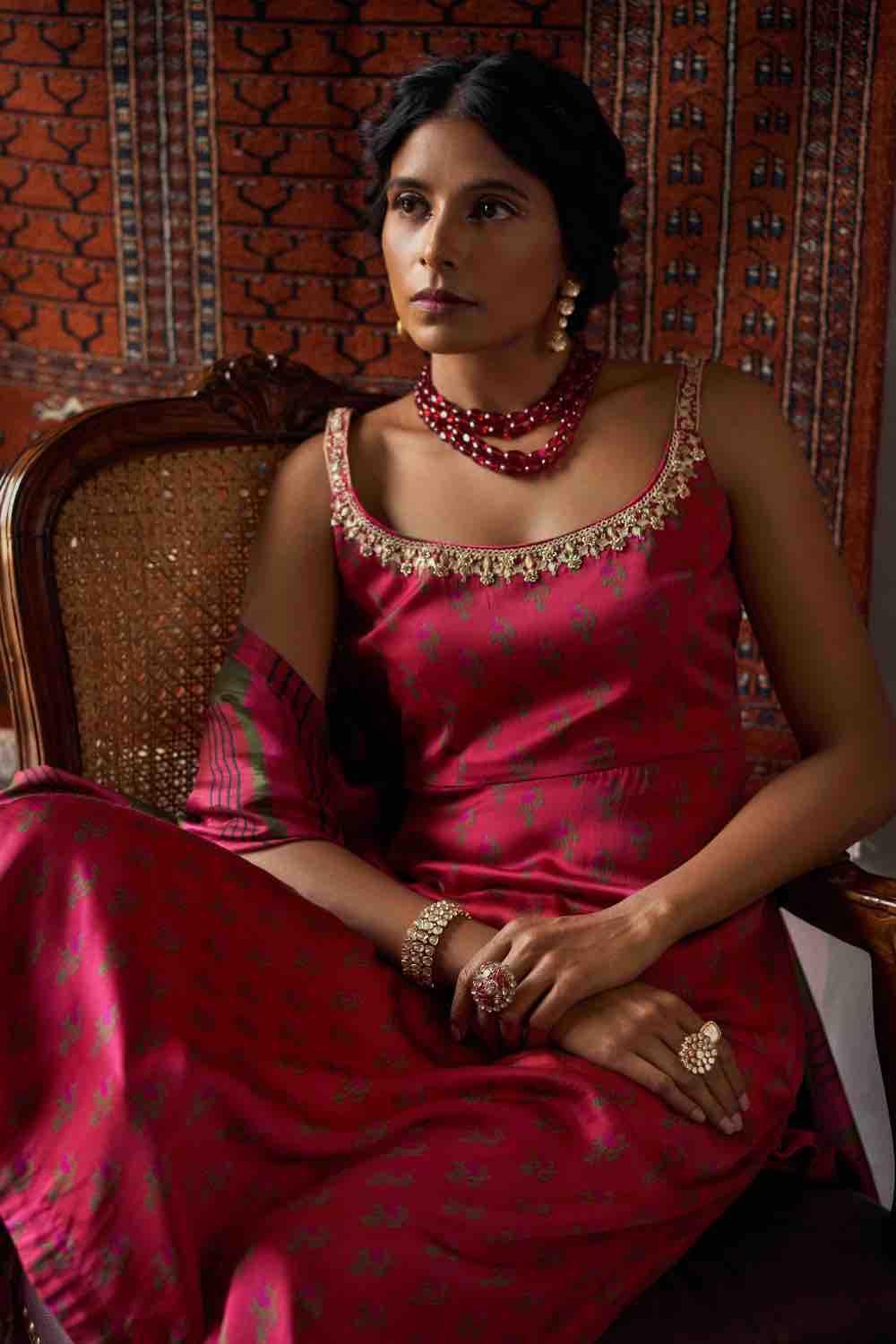 Cherry Red Satin Silk Straight Kurta Set