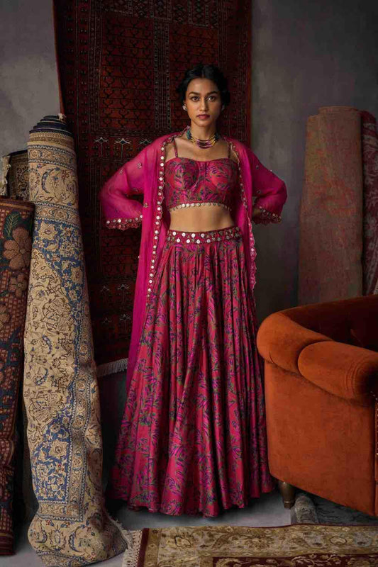 Cherry Red Printed Organza Cape Set