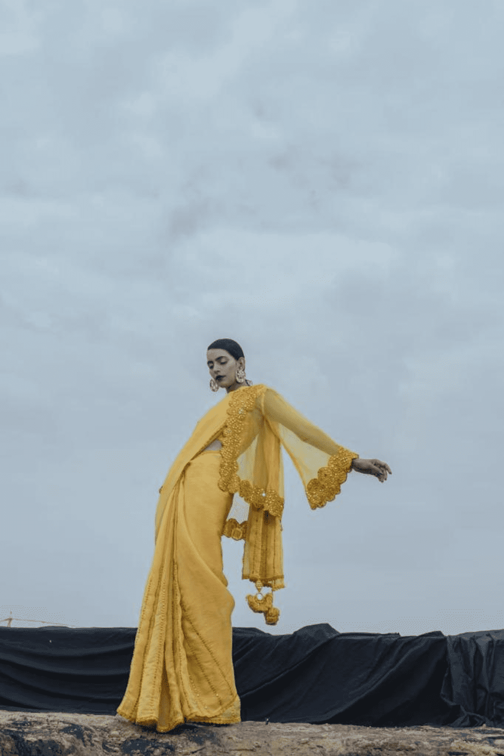 Mustard Mirror Work Saree