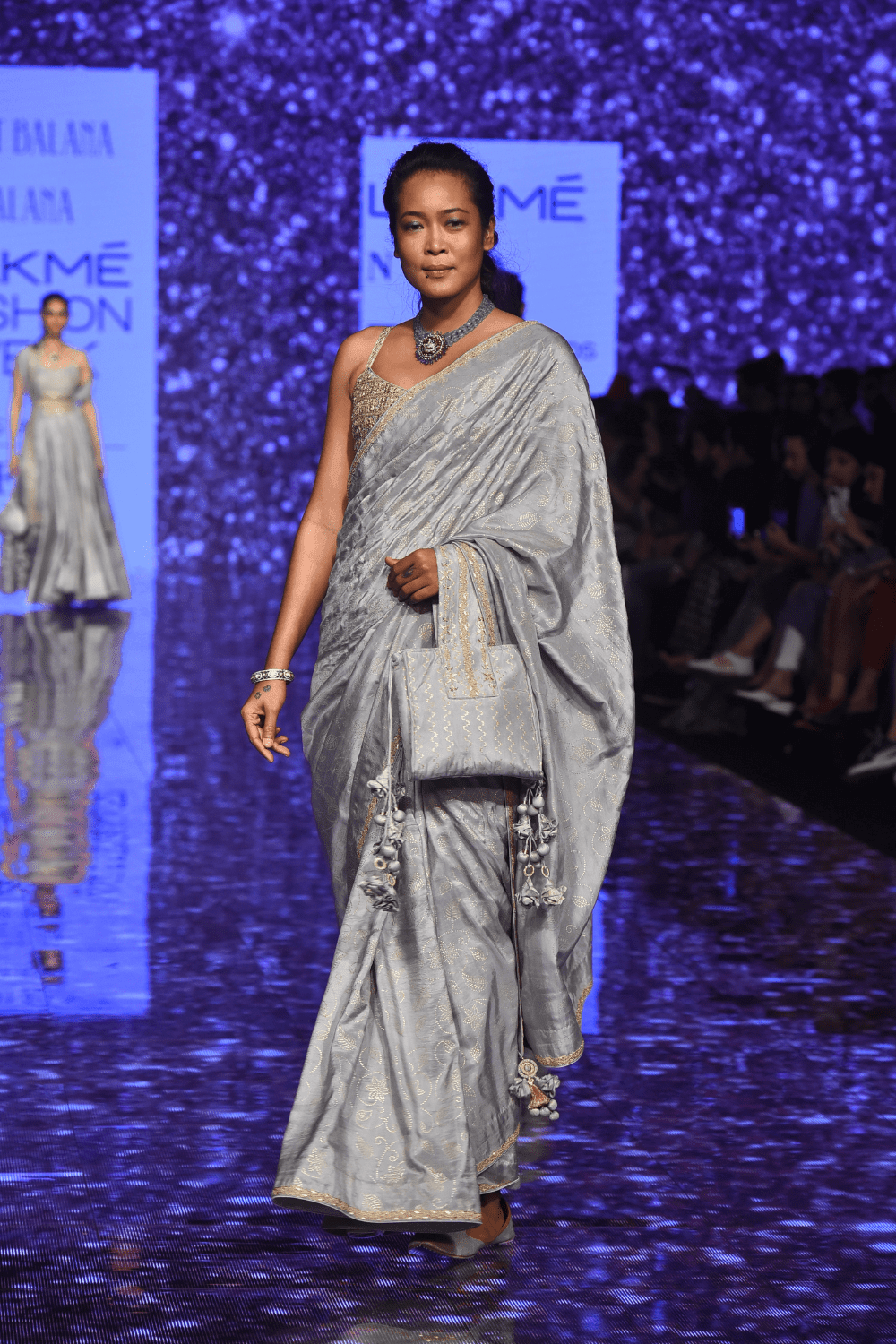 Grey Hand Work Border Silk Saree With Bralette