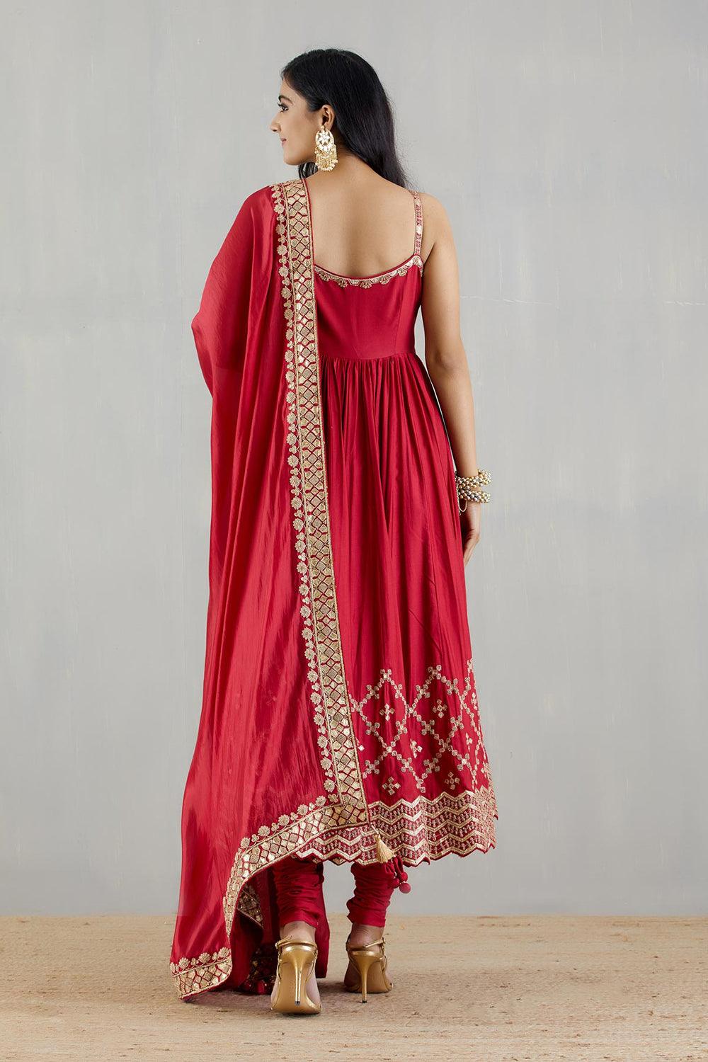 Red Strappy Heavy Anarkali  With Organza Silk Dupatta