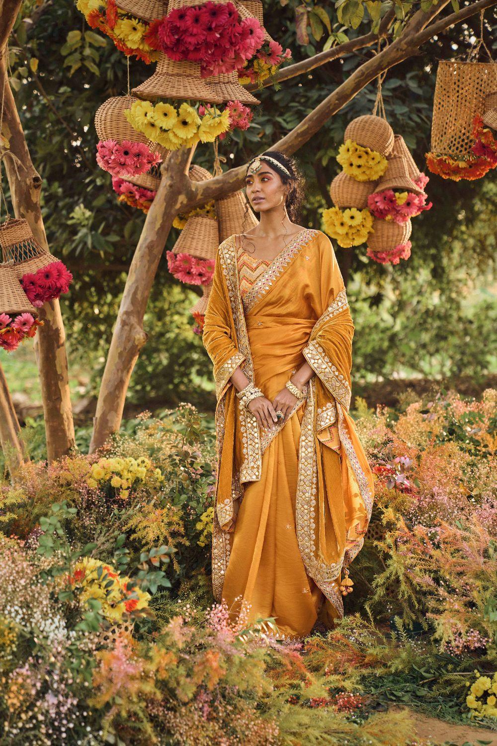 Mustard Organza Silk Saree With Embellished Blouse