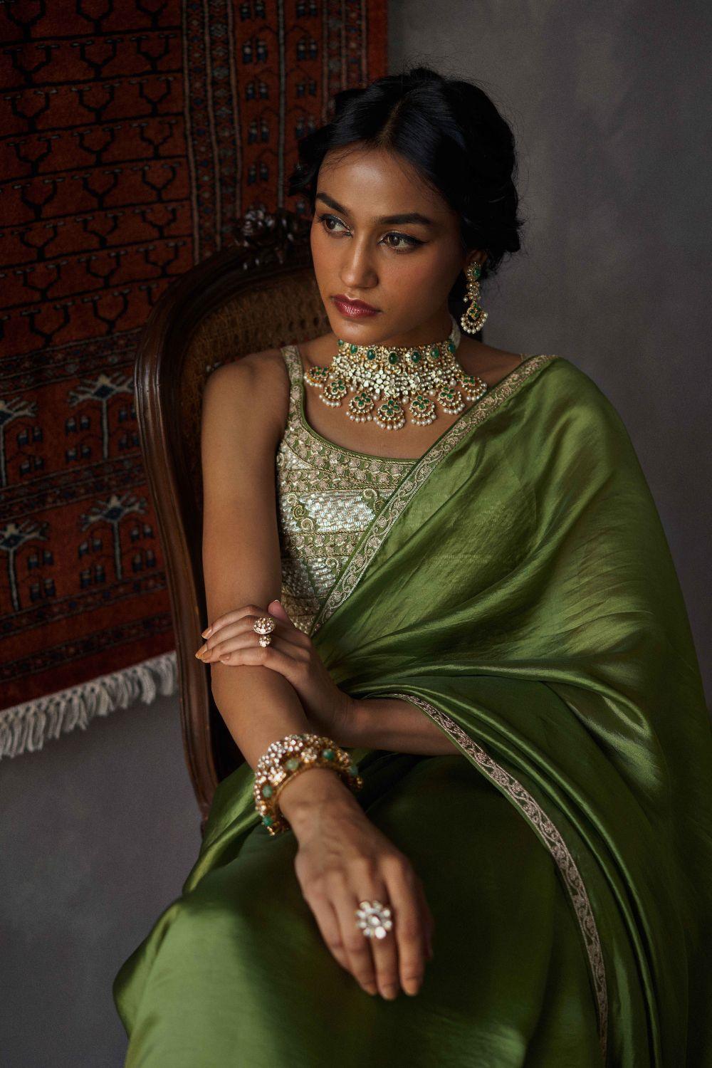 Olive Green Organza Silk Saree