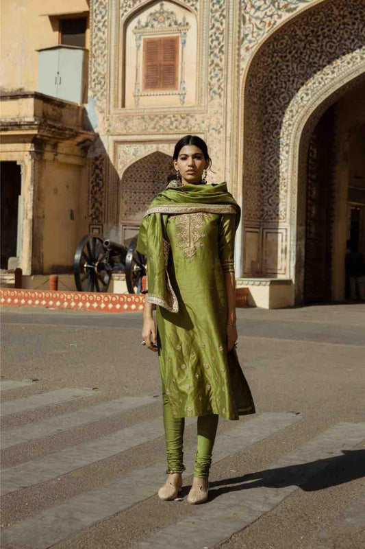 Dark Green Kurta With Churidar And Dupatta
