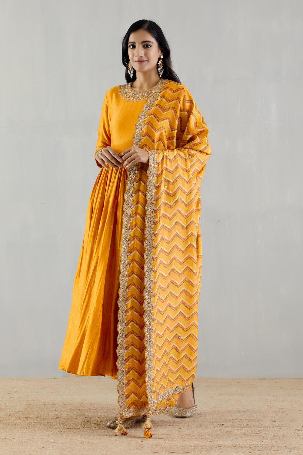 Mustard Anarakli  With Printed Dupatta And Chudidar