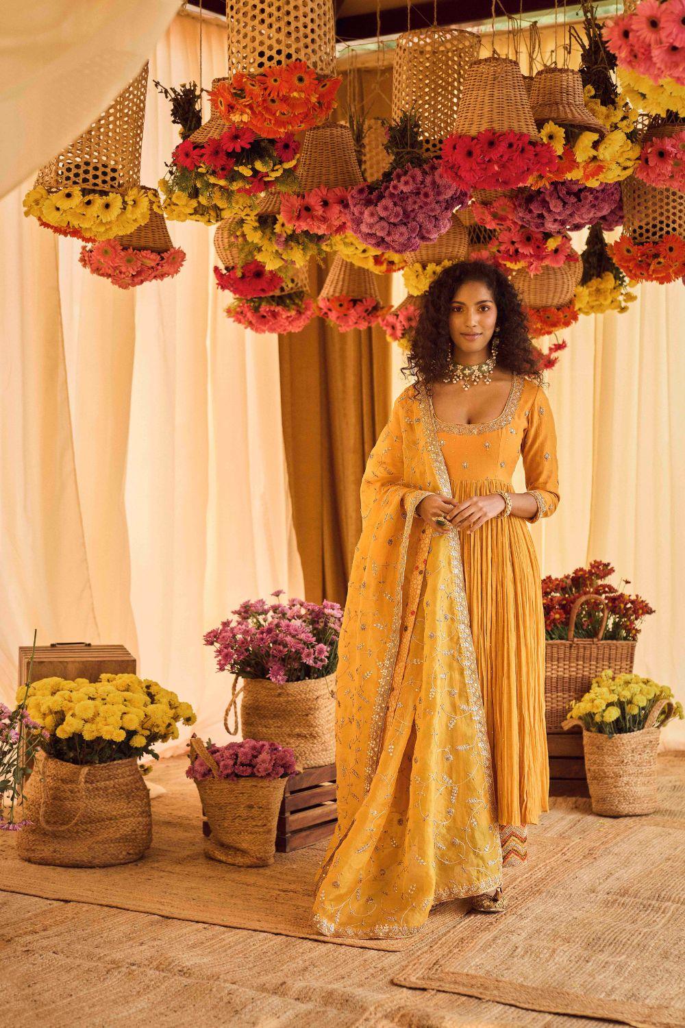 Mustard Anarkali With Heavy Organza Silk Dupatta And Chudidar
