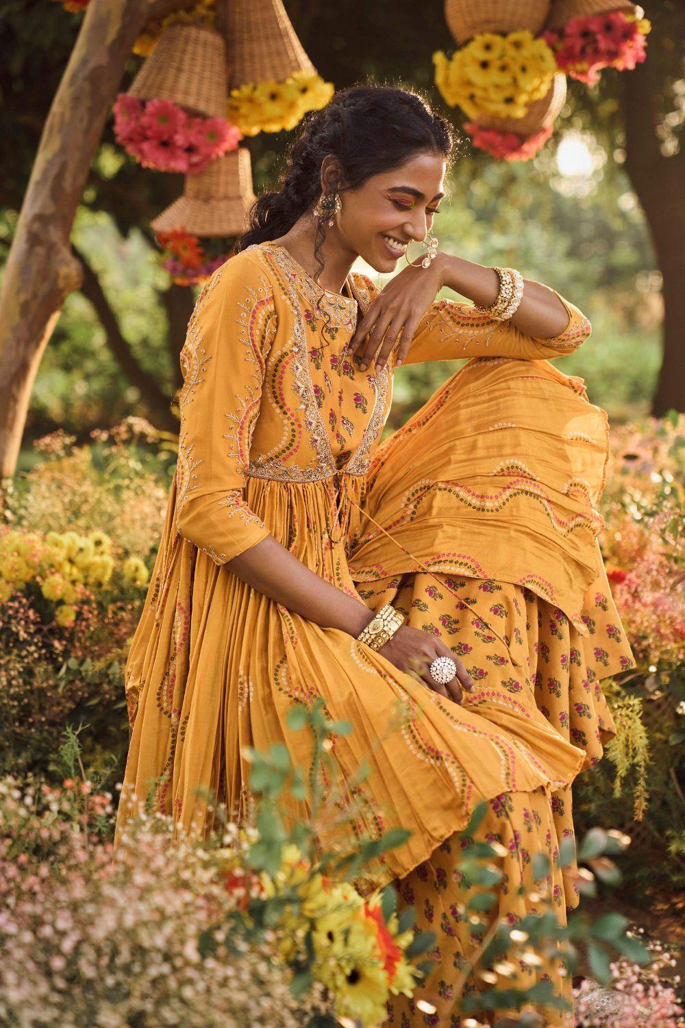 Mustard Printed Long Anarkali With Angrakha Jacket And Organza Silk Dupatta