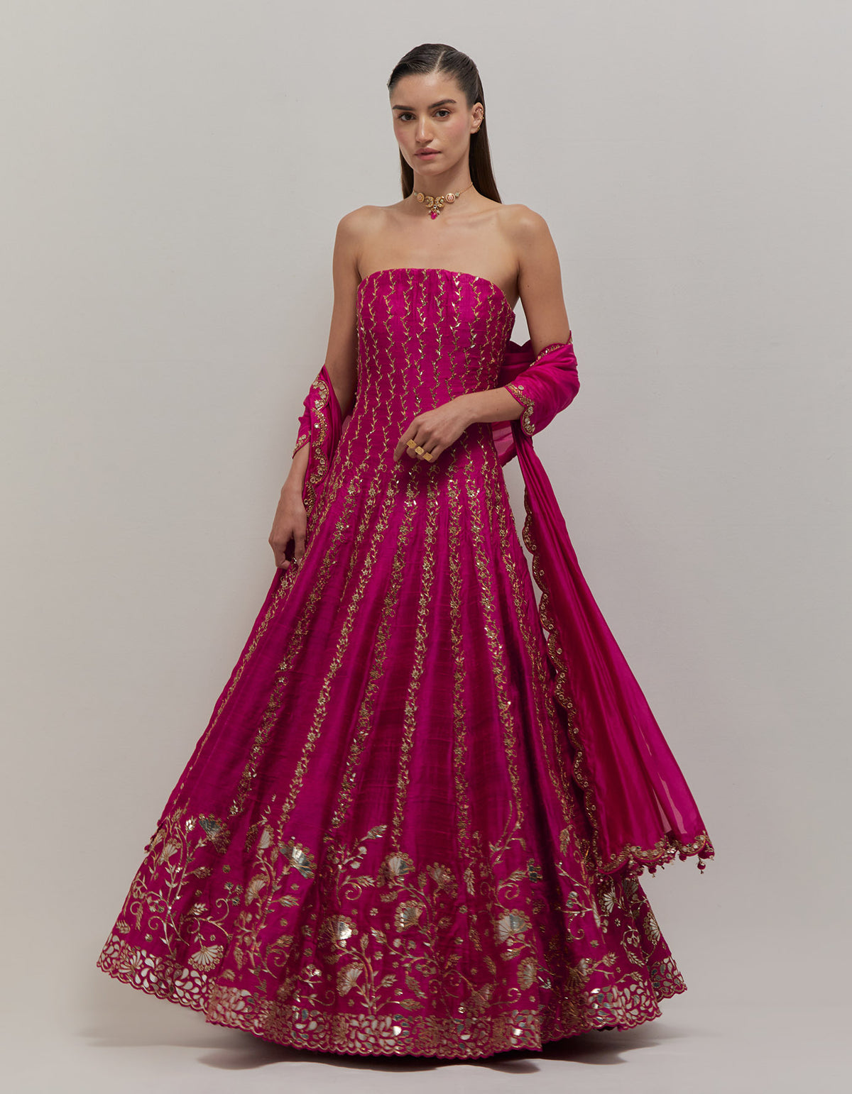 Rasberry Off Shoulder Anarkali set